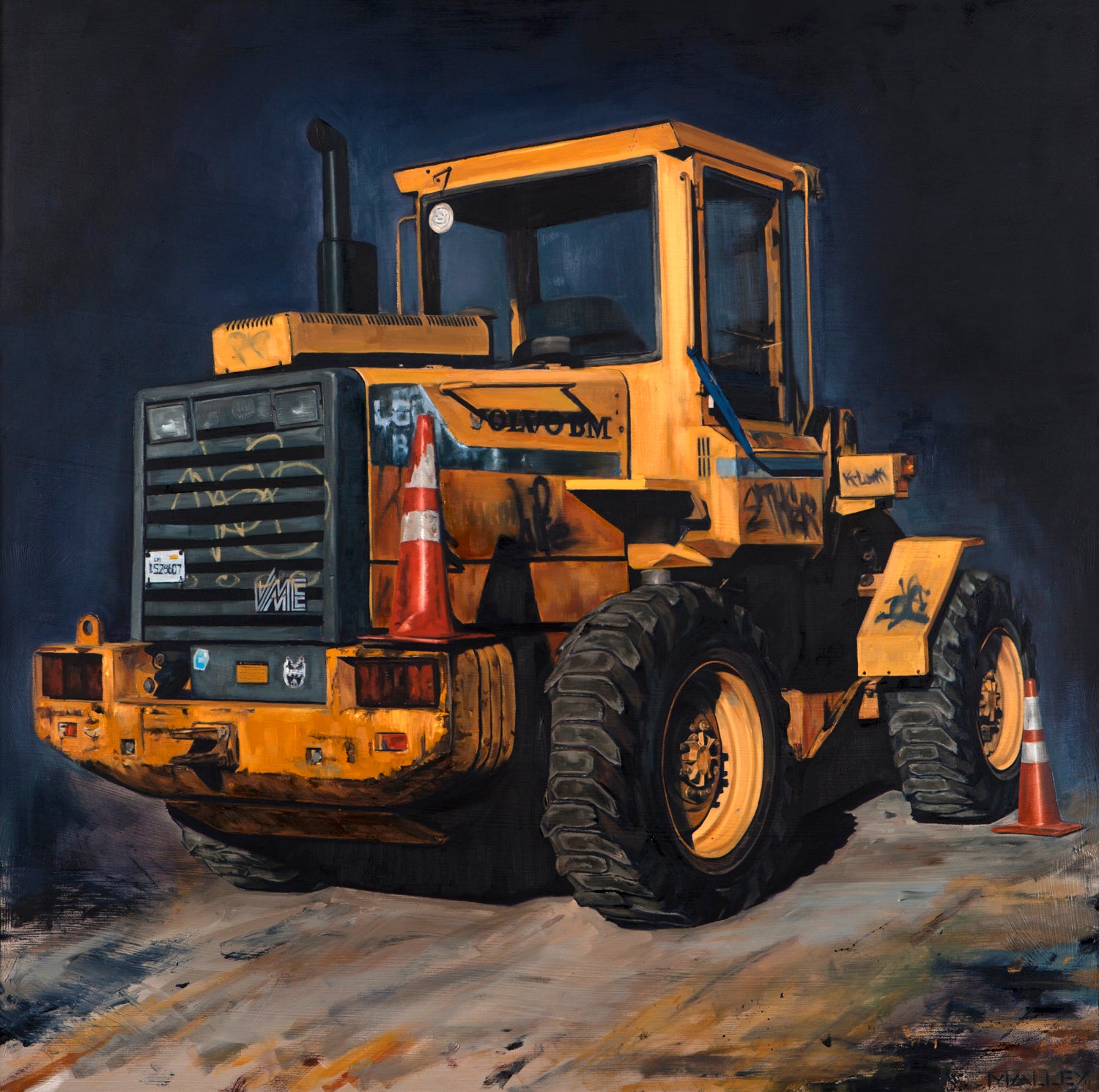 A yellow Volvo BM bulldozer, adorned with Ryan Malleys stickers and markings like an oil on panel artwork, is parked on dirt. Two orange traffic cones flank it against a dark background that highlights its presence.