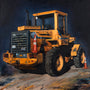 A yellow Volvo BM bulldozer, adorned with Ryan Malleys stickers and markings like an oil on panel artwork, is parked on dirt. Two orange traffic cones flank it against a dark background that highlights its presence.