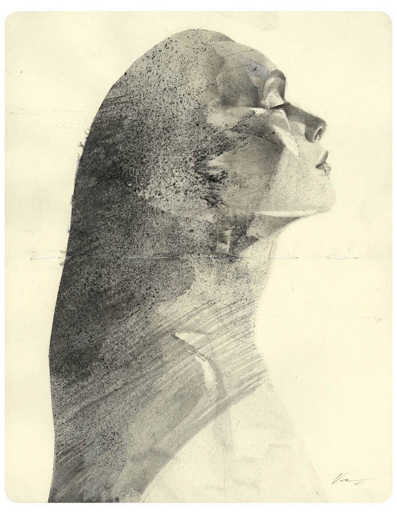 A grayscale abstract portrait by Von, titled Skye (Elsewhere Study 10), showcases graphite and pencil art. The elongated neck and closed eyes of the woman, facing right, blend textures and shades for a dreamlike effect that conveys serenity.