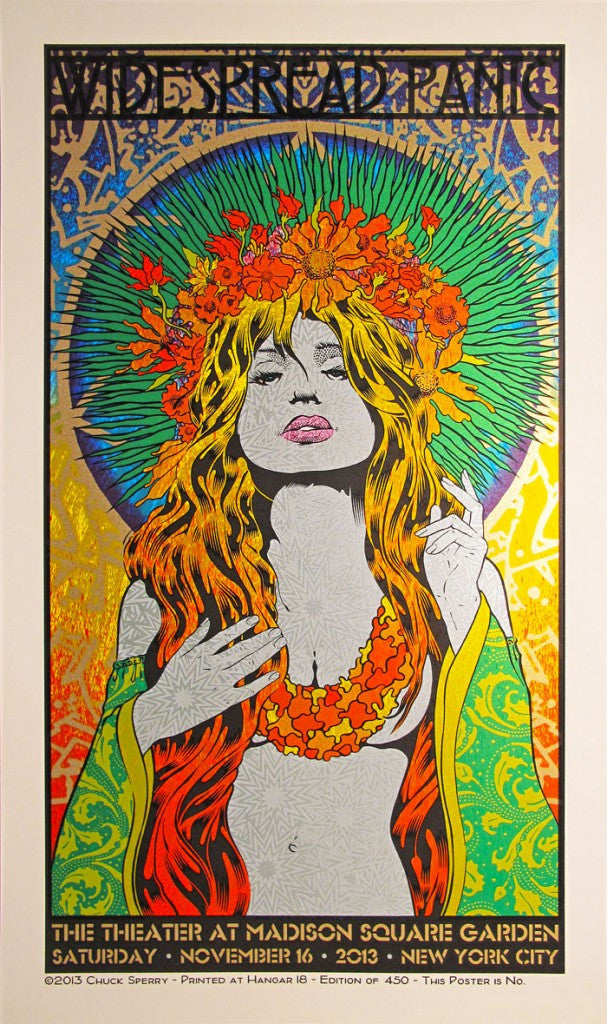 Chuck Sperrys colorful concert poster features a psychedelic design of a woman with flowers in her hair and a bright robe, with Widespread Panic prominently displayed. Event: Madison Square Garden, New York City, Nov 16, 2013. A must-have for retrospective print enthusiasts.
