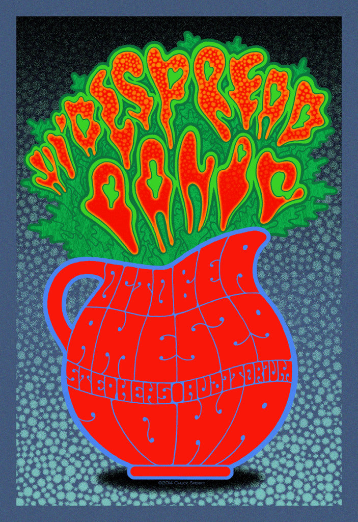 Designed by Chuck Sperry, this vibrant Artist Edition poster features Widespread Panic in red and green stylized font emerging from a red puzzle-like vase with green leafy patterns, set against a textured, dark background.