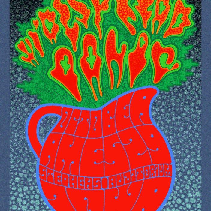 Designed by Chuck Sperry, this vibrant Artist Edition poster features Widespread Panic in red and green stylized font emerging from a red puzzle-like vase with green leafy patterns, set against a textured, dark background.