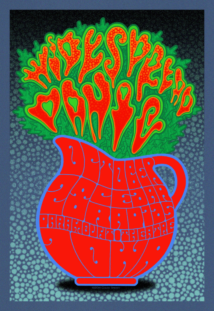 A vibrant psychedelic poster printed on metallic lapis lazuli paper displays Widespread Panic in orange leafy letters emerging from a red intricately designed pitcher, against a blue and gray textured background, echoing Chuck Sperrys iconic style.