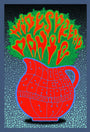 A vibrant psychedelic poster printed on metallic lapis lazuli paper displays Widespread Panic in orange leafy letters emerging from a red intricately designed pitcher, against a blue and gray textured background, echoing Chuck Sperrys iconic style.