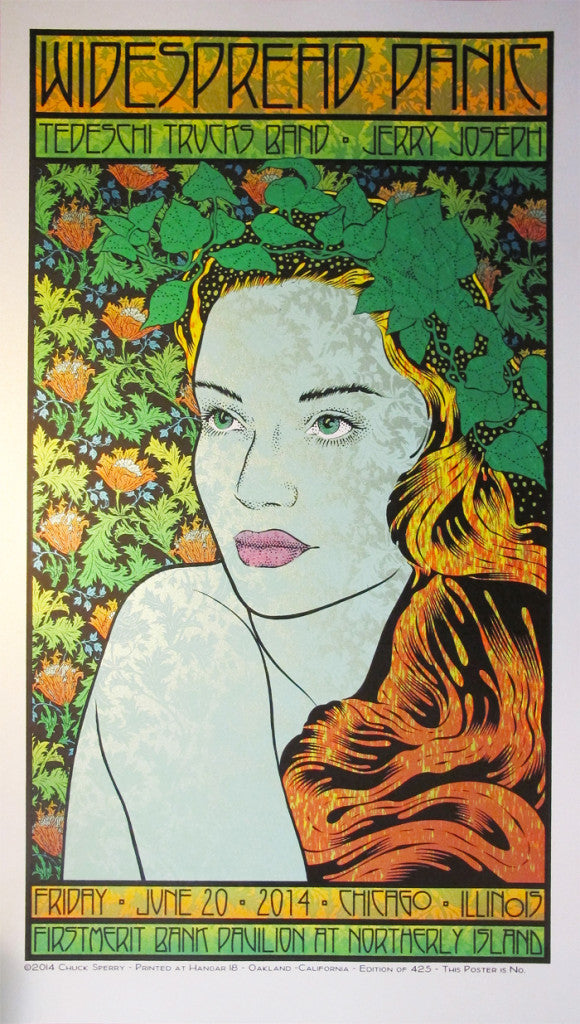 Chuck Sperrys psychedelic concert poster displays a womans face with flowing hair adorned with leaves and flowers. It features text Widespread Panic, Tedeschi Trucks Band, Jerry Joseph, highlighting the Gold Opal Edition at FirstMerit Bank Pavilion, Chicago, on June 20, 2014.