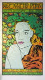 Chuck Sperrys psychedelic concert poster displays a womans face with flowing hair adorned with leaves and flowers. It features text Widespread Panic, Tedeschi Trucks Band, Jerry Joseph, highlighting the Gold Opal Edition at FirstMerit Bank Pavilion, Chicago, on June 20, 2014.