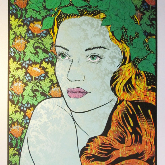 Chuck Sperrys psychedelic concert poster displays a womans face with flowing hair adorned with leaves and flowers. It features text Widespread Panic, Tedeschi Trucks Band, Jerry Joseph, highlighting the Gold Opal Edition at FirstMerit Bank Pavilion, Chicago, on June 20, 2014.