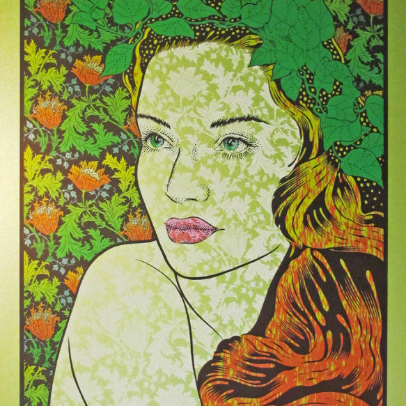 Chuck Sperrys stunning concert poster features a womans portrait amidst foliage and highlights Widespread Panic Chicago 2014, Tedeschi Trucks Band, and Jerry Joseph. The design captures the essence of their June 20, 2014, show in Chicago, Illinois.