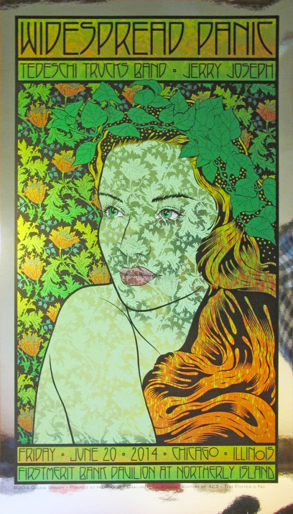 Chuck Sperrys vibrant concert poster presents a stylized floral-patterned woman with green leaves in her hair, showcasing Widespread Panic, Tedeschi Trucks Band, and Jerry Joseph for the 2014 Chicago event in its Mirror Foil Edition.