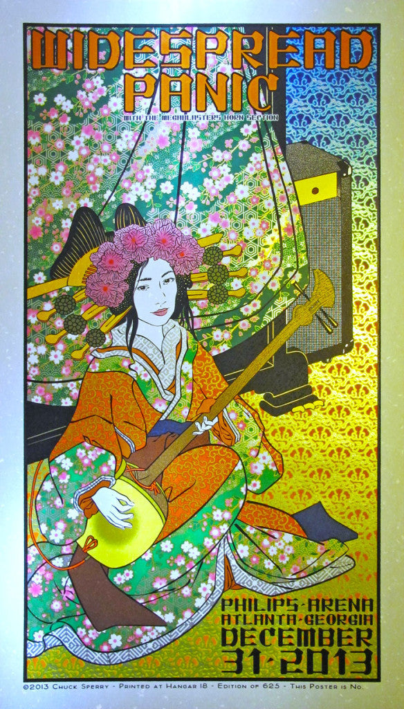 A vivid Chuck Sperry concert poster features a stylized woman in traditional Japanese attire on Japanese mulberry paper, with Widespread Panic and concert details: December 31, 2013, Philips Arena, Atlanta, Georgia.
