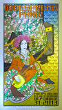 A vivid Chuck Sperry concert poster features a stylized woman in traditional Japanese attire on Japanese mulberry paper, with Widespread Panic and concert details: December 31, 2013, Philips Arena, Atlanta, Georgia.