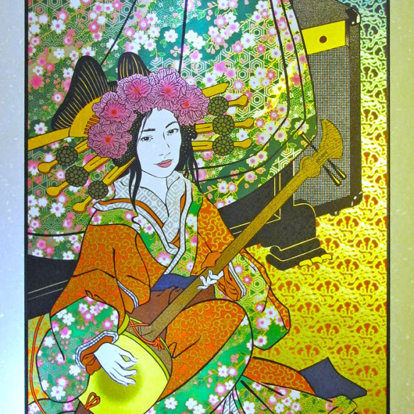 A vivid Chuck Sperry concert poster features a stylized woman in traditional Japanese attire on Japanese mulberry paper, with Widespread Panic and concert details: December 31, 2013, Philips Arena, Atlanta, Georgia.