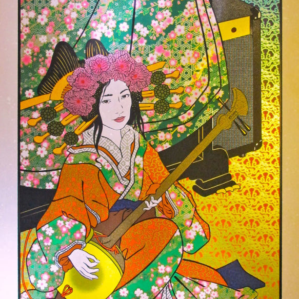 Vibrant concert poster by Chuck Sperry showcases a Japanese kabuki actress with a traditional instrument amidst floral designs. Crafted on Japanese mulberry paper and custom framed, it includes text for Philips Arena, Atlanta, Georgia, December 31, 2013.