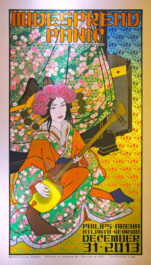 Artist Proof concert poster by Chuck Sperry for Widespread Panics December 31, 2013 show at Philips Arena, Atlanta. It features a stylized woman in traditional Japanese attire playing a shamisen, adorned with pink flowers and gold accents.