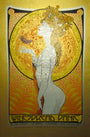 An Art Nouveau-style poster by Chuck Sperry shows a stylized woman with floral hair and a glass, set against an intricate circular pattern with gold Japanese Mulberry tones. The text below reads Widespread Panic, Wiltern Theatre, Los Angeles, California, July 13 & 14, 2011.