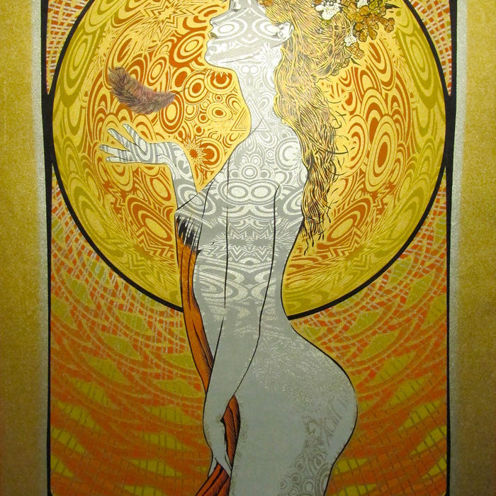 An Art Nouveau-style poster by Chuck Sperry shows a stylized woman with floral hair and a glass, set against an intricate circular pattern with gold Japanese Mulberry tones. The text below reads Widespread Panic, Wiltern Theatre, Los Angeles, California, July 13 & 14, 2011.
