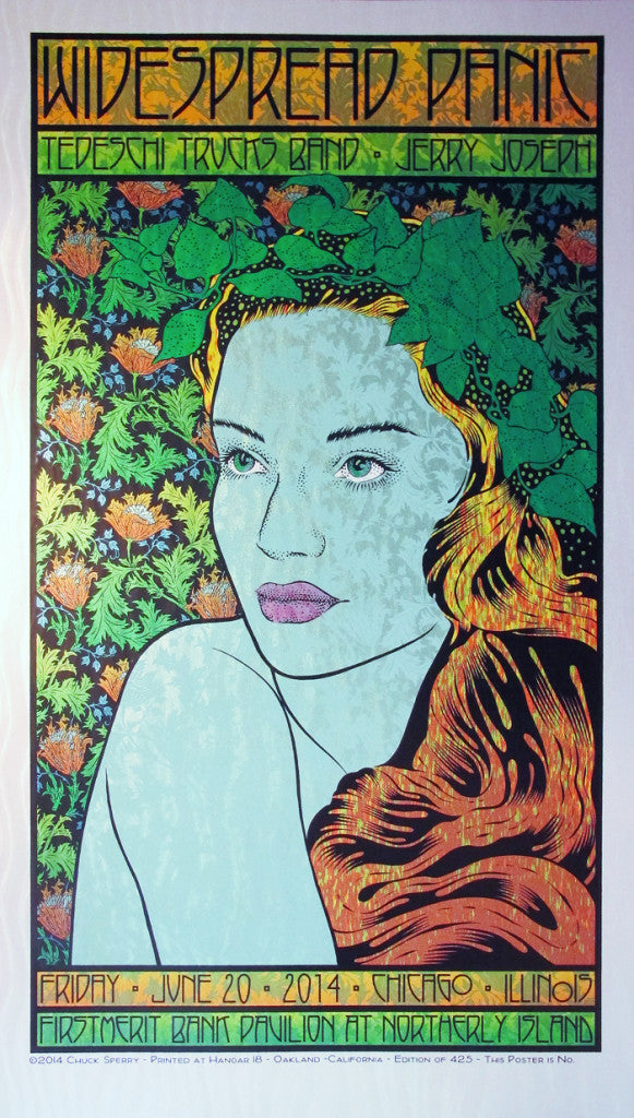 Chuck Sperrys Art Nouveau poster showcases a womans flowing red hair amidst green leaves and flowers, featuring text for Widespread Panic, the Tedeschi Trucks Band, and the June 20, 2014, Chicago event. A stunning wave foil adds visual depth.