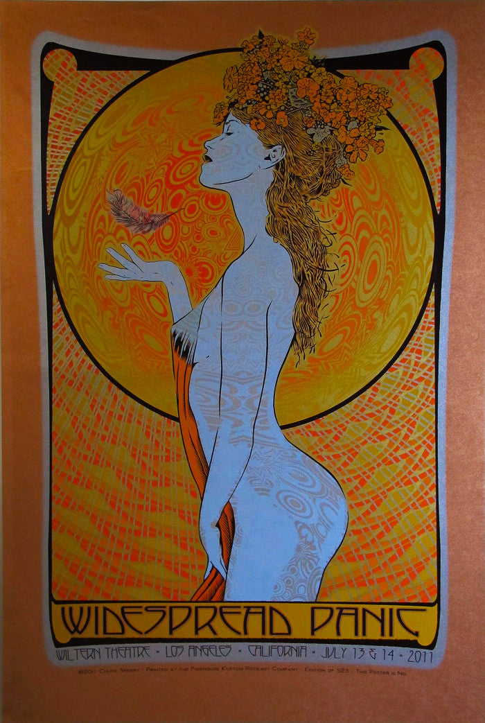 Art nouveau poster by Chuck Sperry, printed on Japanese Mulberry paper with a blue-toned figure with long hair and flower crown, holding a feather. The vibrant orange-yellow background surrounds the figure for Widespread Panic at the Wiltern Theatre, LA, July 13-14, 2011.