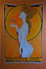 Art nouveau poster by Chuck Sperry, printed on Japanese Mulberry paper with a blue-toned figure with long hair and flower crown, holding a feather. The vibrant orange-yellow background surrounds the figure for Widespread Panic at the Wiltern Theatre, LA, July 13-14, 2011.