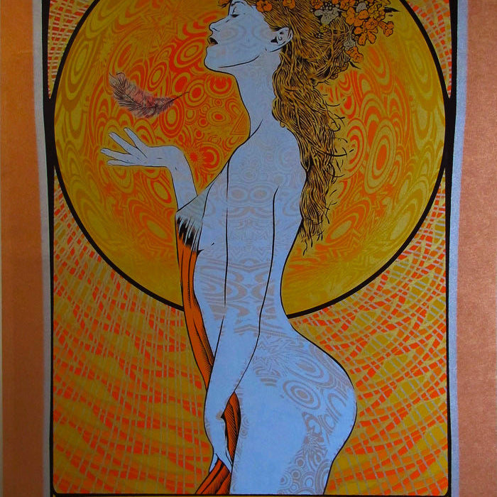 Art nouveau poster by Chuck Sperry, printed on Japanese Mulberry paper with a blue-toned figure with long hair and flower crown, holding a feather. The vibrant orange-yellow background surrounds the figure for Widespread Panic at the Wiltern Theatre, LA, July 13-14, 2011.