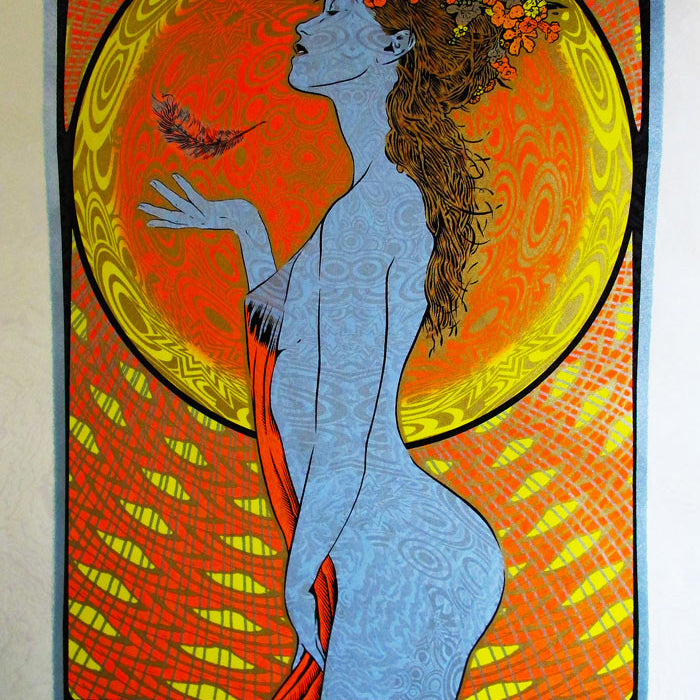 In the vibrant Chuck Sperry style, a concert poster features a stylized blue woman in orange fabric holding a red feather. Her flower-adorned hair floats amid swirling patterns, with the text Widespread Panic—Solar Flare Variant at the bottom.