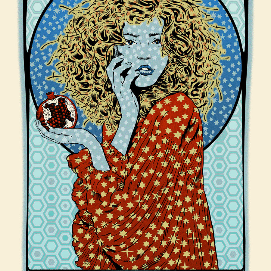 The Chuck Sperry Art Nouveau silkscreen print features a stylized figure holding a red sphere, with curly hair that complements her star-adorned red robe. A blue geometric-patterned background frames the Widespread Panic poster and concert details are at the bottom.
