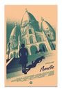 The Thomas Walker fine art print shows a woman approaching a large domed building, with shadows creating a face-like silhouette. Amélie is prominently featured, along with the cast and crew names, delivering a surreal, whimsical vibe.