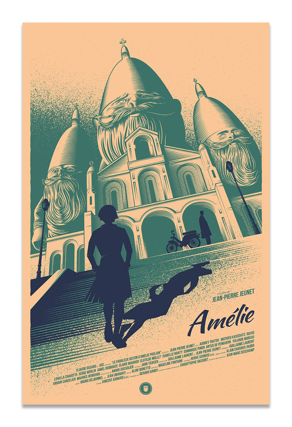 The Thomas Walker fine art print shows a woman approaching a large domed building, with shadows creating a face-like silhouette. Amélie is prominently featured, along with the cast and crew names, delivering a surreal, whimsical vibe.