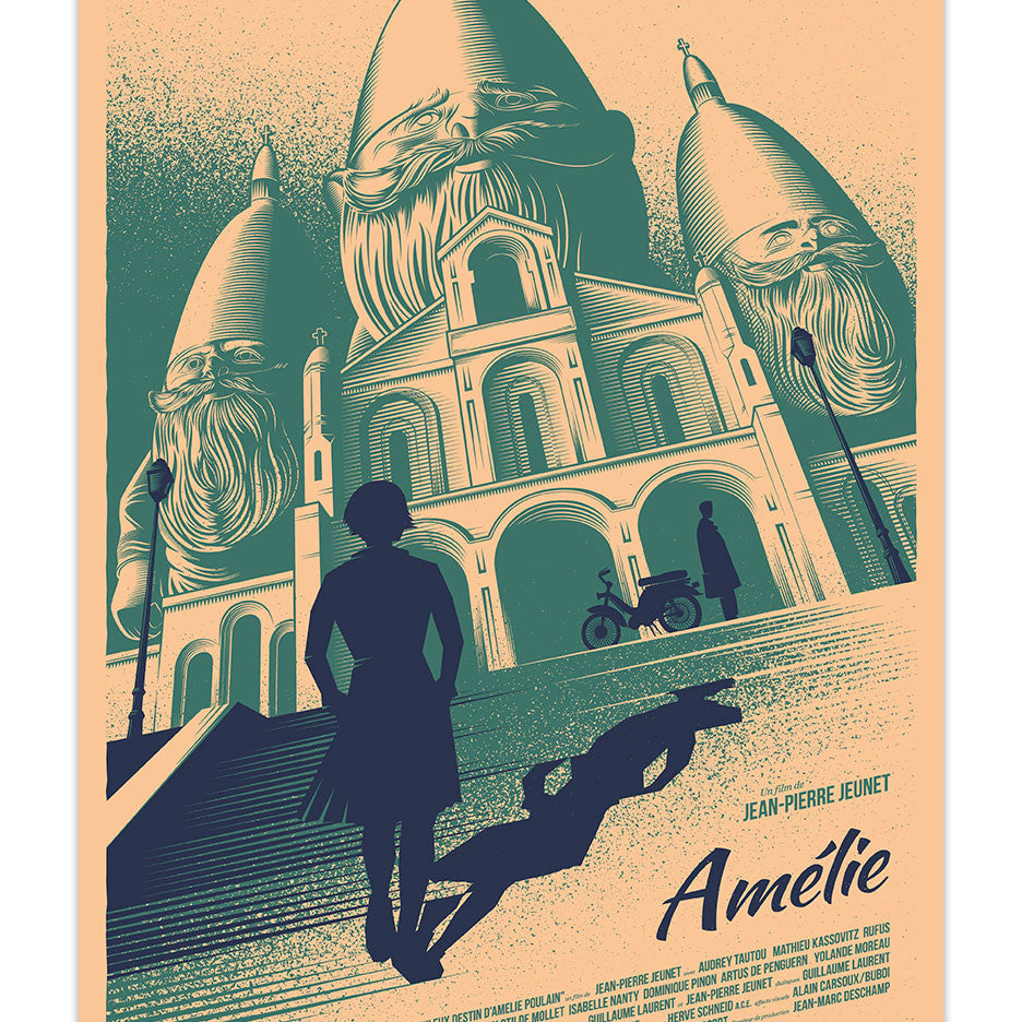 The Thomas Walker fine art print shows a woman approaching a large domed building, with shadows creating a face-like silhouette. Amélie is prominently featured, along with the cast and crew names, delivering a surreal, whimsical vibe.
