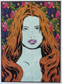 A woman with flowing orange hair and a stylized face in intricate patterns, against a vibrant floral tapestry reminiscent of Chuck Sperrys elegance. Her pink-highlighted lips set among vivid wave foil flowers and leaves capture the essence of his iconic style.