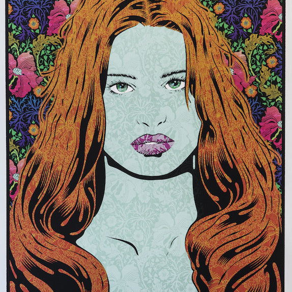 A woman with flowing orange hair and a stylized face in intricate patterns, against a vibrant floral tapestry reminiscent of Chuck Sperrys elegance. Her pink-highlighted lips set among vivid wave foil flowers and leaves capture the essence of his iconic style.