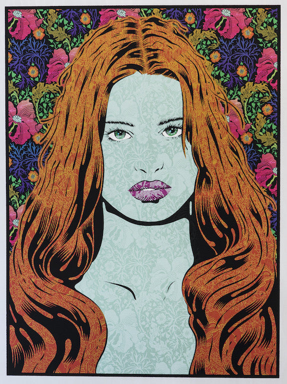 A woman with flowing orange hair and a stylized face in intricate patterns, against a vibrant floral tapestry reminiscent of Chuck Sperrys elegance. Her pink-highlighted lips set among vivid wave foil flowers and leaves capture the essence of his iconic style.