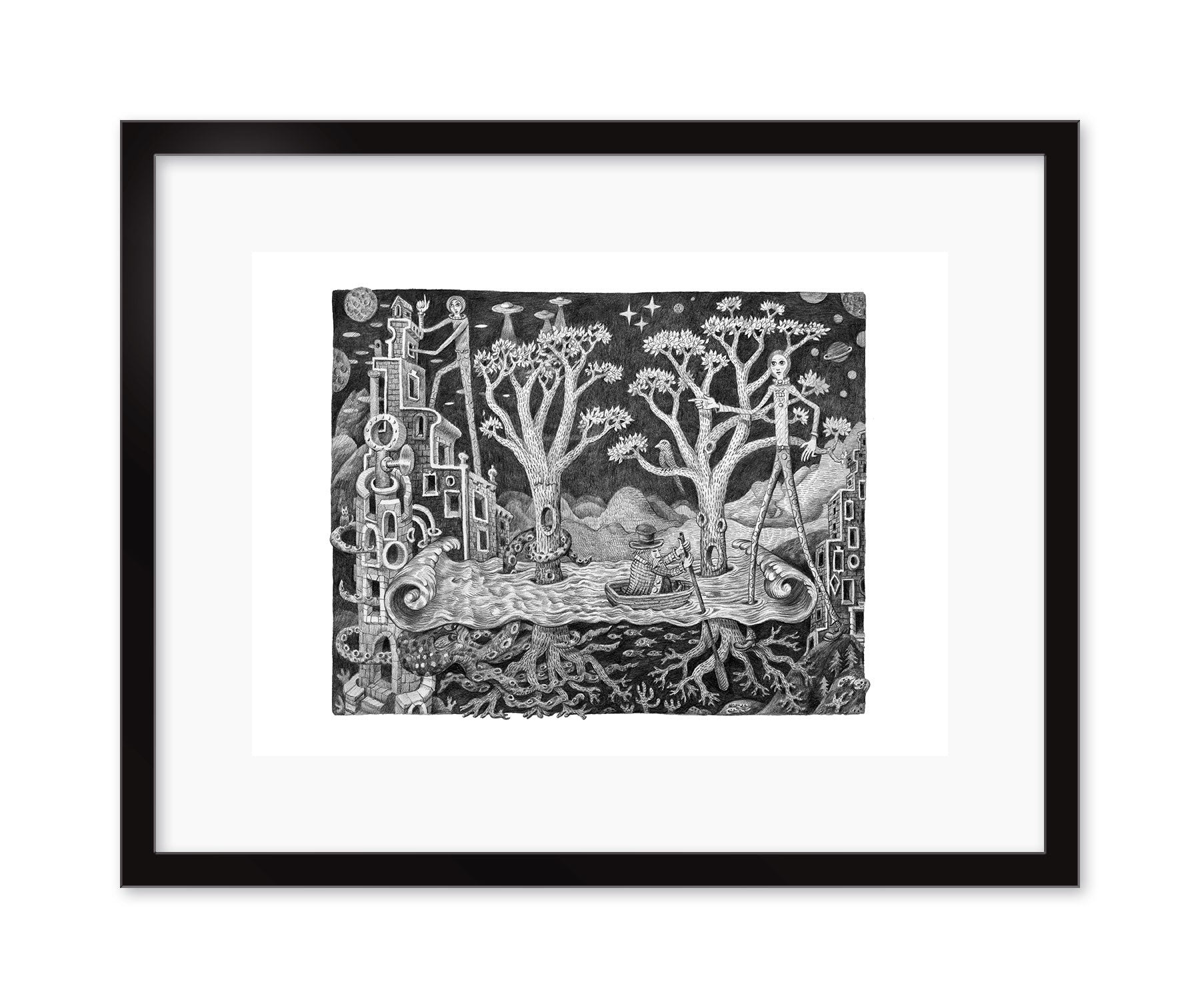 Artwork by David Welker showcasing two intricately patterned trees, with a small boat on wavy water amid abstract geometric shapes and symbols. This limited edition piece is beautifully presented in a black frame.
