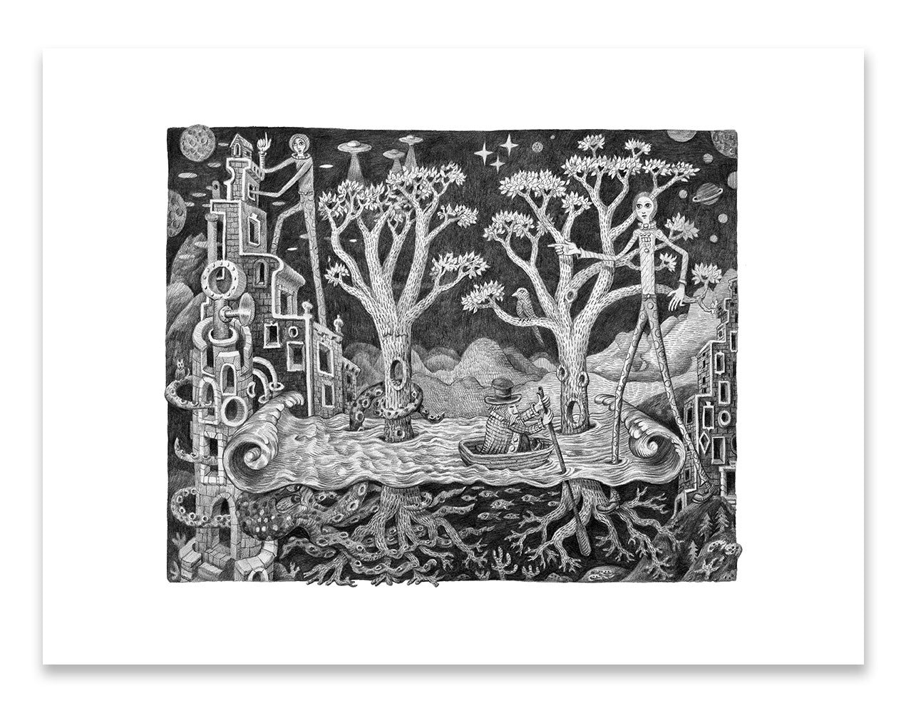 A mystical black and white archival inkjet print from David Welker features a surreal boat navigating through a river with intricate trees and cosmic elements, showcasing detailed patterns and fantastical imagery. Limited edition.