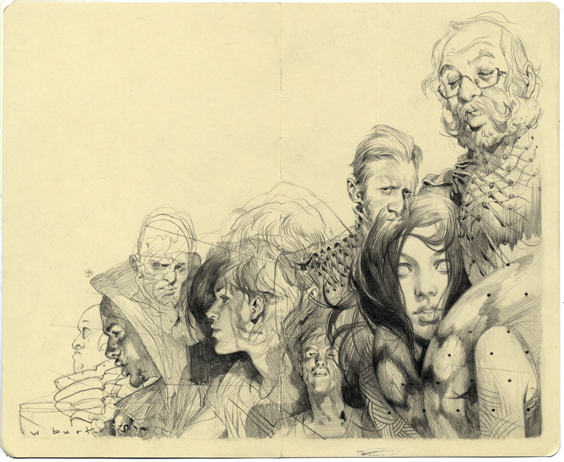 A captivating Wesley Burt-style sketch features diverse people with varied expressions, mainly in profile or three-quarter view. A long-haired woman is central among others with detailed features. Rendered in graphite on Moleskine, it presents a textured, intricate composition.