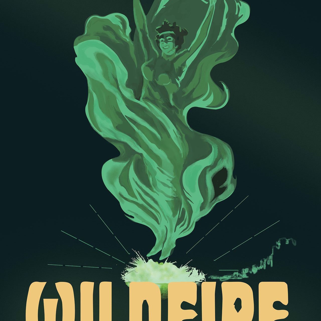 Fernando Rezas illustrated poster features a green, flame-like figure from an explosion, with text reading The Magic That Saved Kings Landing and Wildfire below. This intense lithograph is ideal for custom framing and captures a magical theme vibrantly.