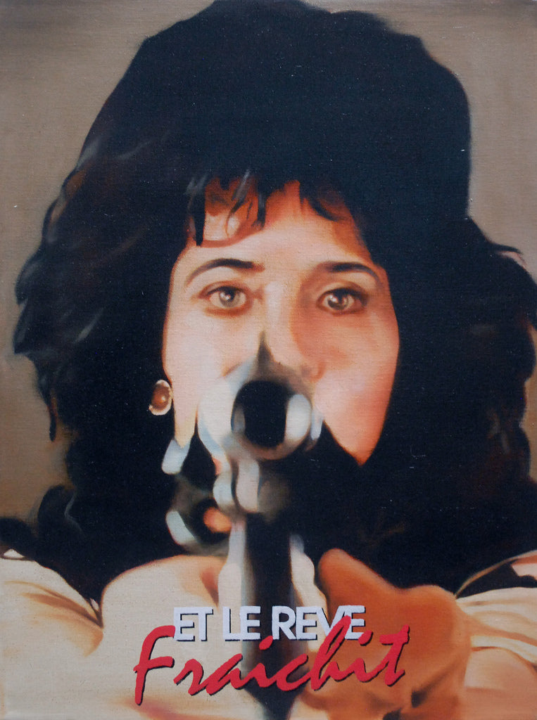 A person with long dark hair points a gun forward, styled powerfully in William Arvins distinctive art. Below, ET LE RÊVE FRANCHIT appears boldly in white and red letters, conveying a cinematic tribute reminiscent of Scorsese.