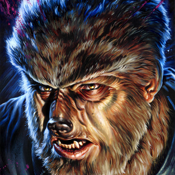 An illustration of a Wolf Man with fierce yellow eyes, bushy hair, and sharp teeth showcases vivid colors and an intense expression, creating an eerie atmosphere. Blue and purple highlights accent the dark fur and shadowed background in the style of Jason Edmistons acrylic on wood panel.