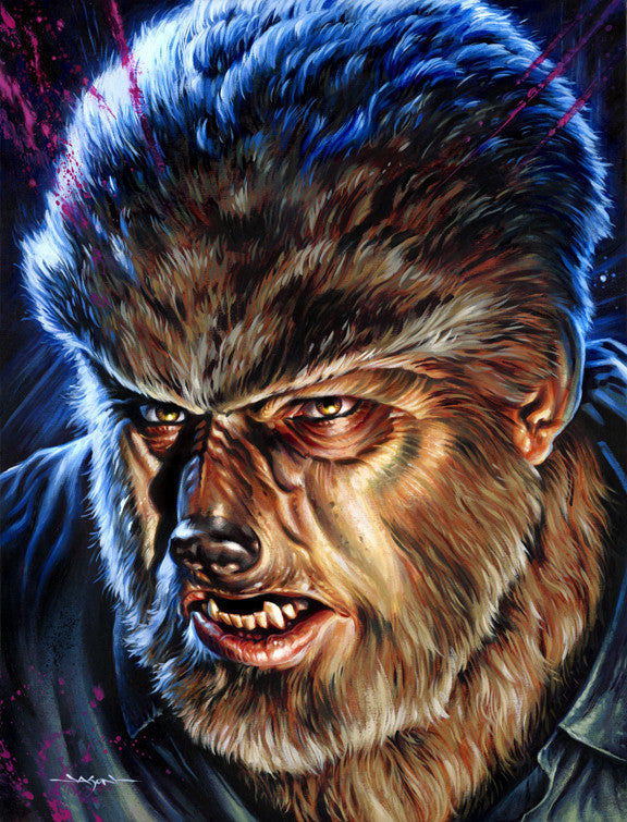 An illustration of a Wolf Man with fierce yellow eyes, bushy hair, and sharp teeth showcases vivid colors and an intense expression, creating an eerie atmosphere. Blue and purple highlights accent the dark fur and shadowed background in the style of Jason Edmistons acrylic on wood panel.