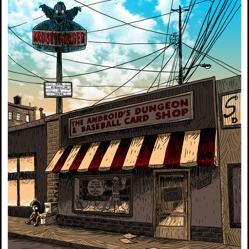 Tim Doyles hand-printed screenprint features a comic book store, The Androids Dungeon & Baseball Card Shop, with a red and white striped awning. A glowing Krusty Burger sign appears above, under partly cloudy skies with an empty street below.