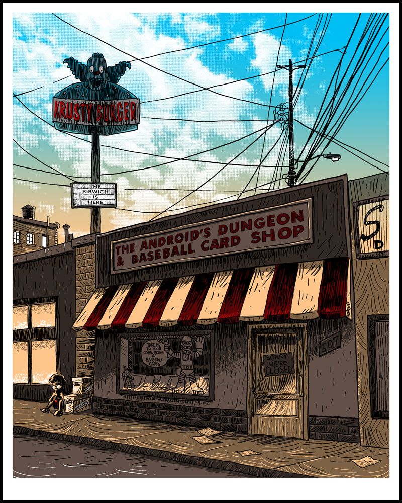 Tim Doyles hand-printed screenprint features a comic book store, The Androids Dungeon & Baseball Card Shop, with a red and white striped awning. A glowing Krusty Burger sign appears above, under partly cloudy skies with an empty street below.