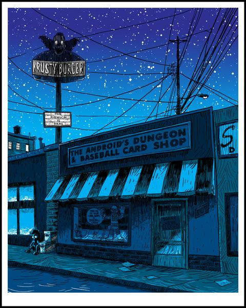 Tim Doyles screenprint illustrates a snowy night street with glowing signs for Krusty Burger and The Androids Dungeon & Baseball Card Shop. A lone figure walks past as a crow perches above, enhanced by vibrant blues adding depth to the scene.