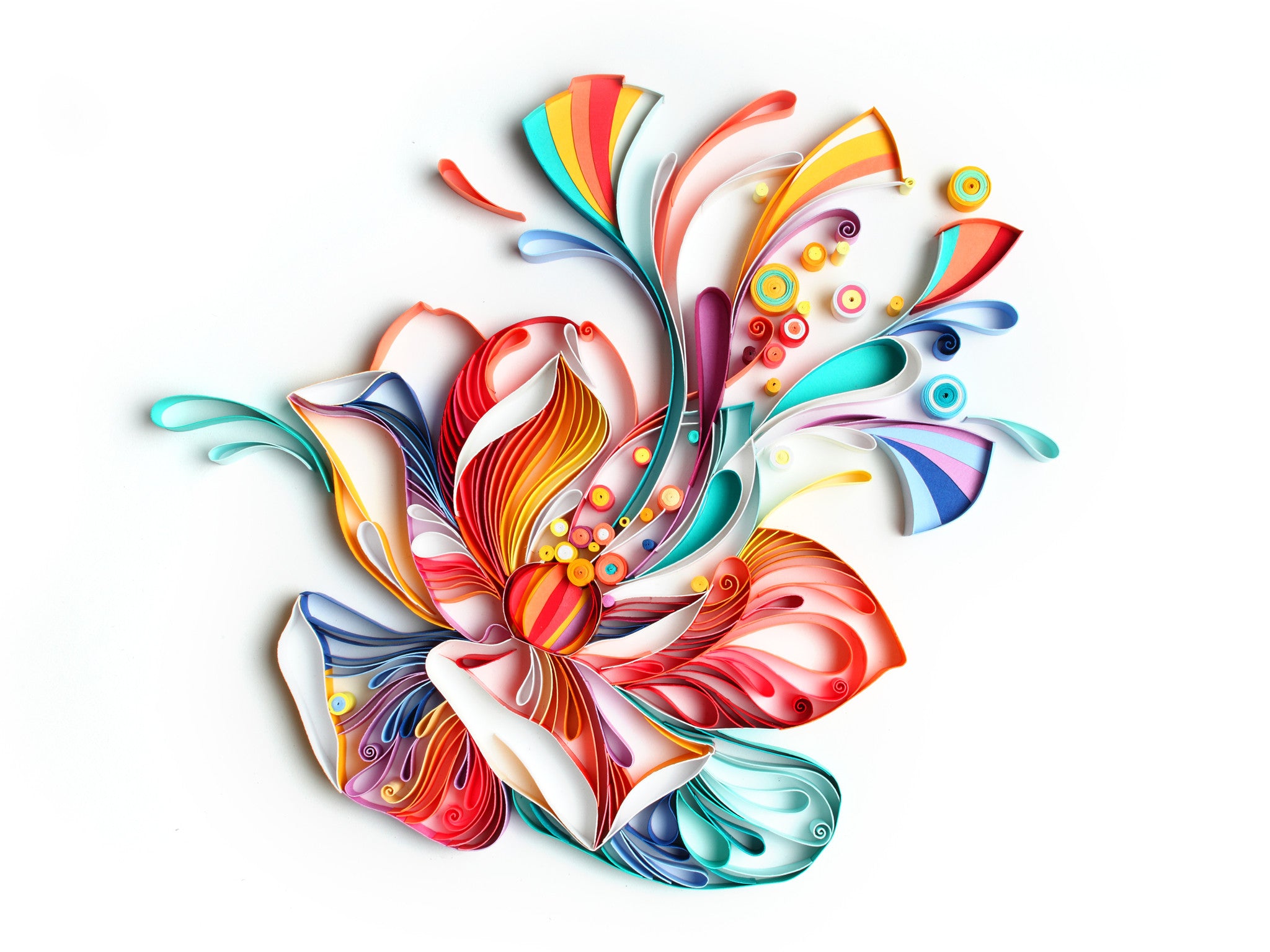 A vibrant paper art by Yulia Brodskaya showcases an abstract flower with swirling red, orange, blue, green, and yellow petals. Hand-cut strips enhance intricate details on a white background. A stunning addition for any collection.