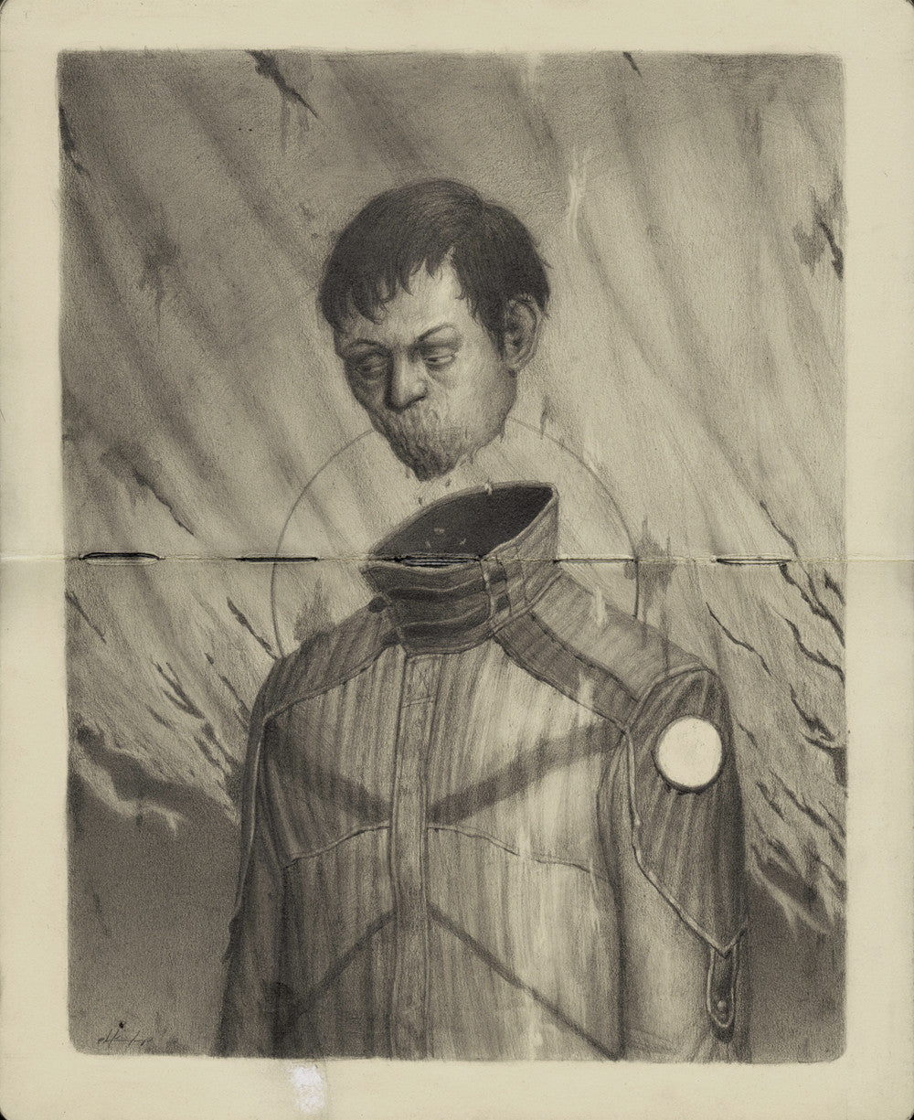 A man with his head floating slightly above his neck is depicted in a surreal illustration by Zachary Oldenkamp. He wears a detailed uniform with a circular patch on the shoulder, reminiscent of Moleskine sketches, set against abstract wavy lines and a flat circular halo around his neck.
