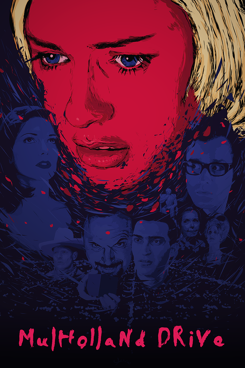 Limited edition poster for Mulholland Drive by Zach Tutor, featuring a fine art giclee with a large, emotive red face on top and smaller blue silhouettes below, with the title in bold pink lettering.