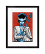 A blue-skinned woman with a blue guitar, retro hair with white streaks, and a white outfit is set against a red background with radiating lines in Zoltron’s style, framed in black akin to a custom screen print.