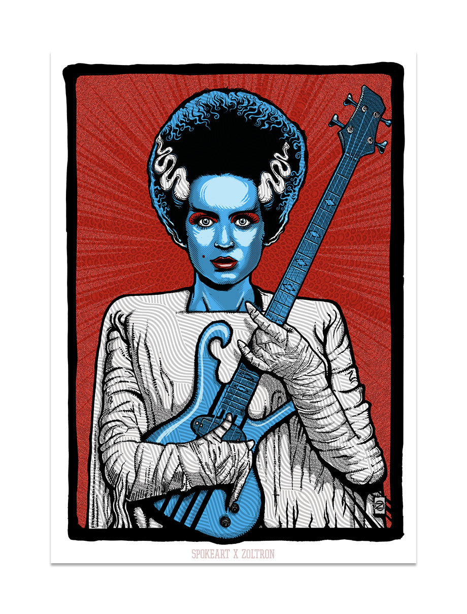 Illustrated portrait of a woman with blue skin and bandaged arms, holding a blue electric guitar. Her voluminous vintage-styled hair has white streaks. The vibrant red background features radiating lines, reminiscent of a Zoltron screen print.