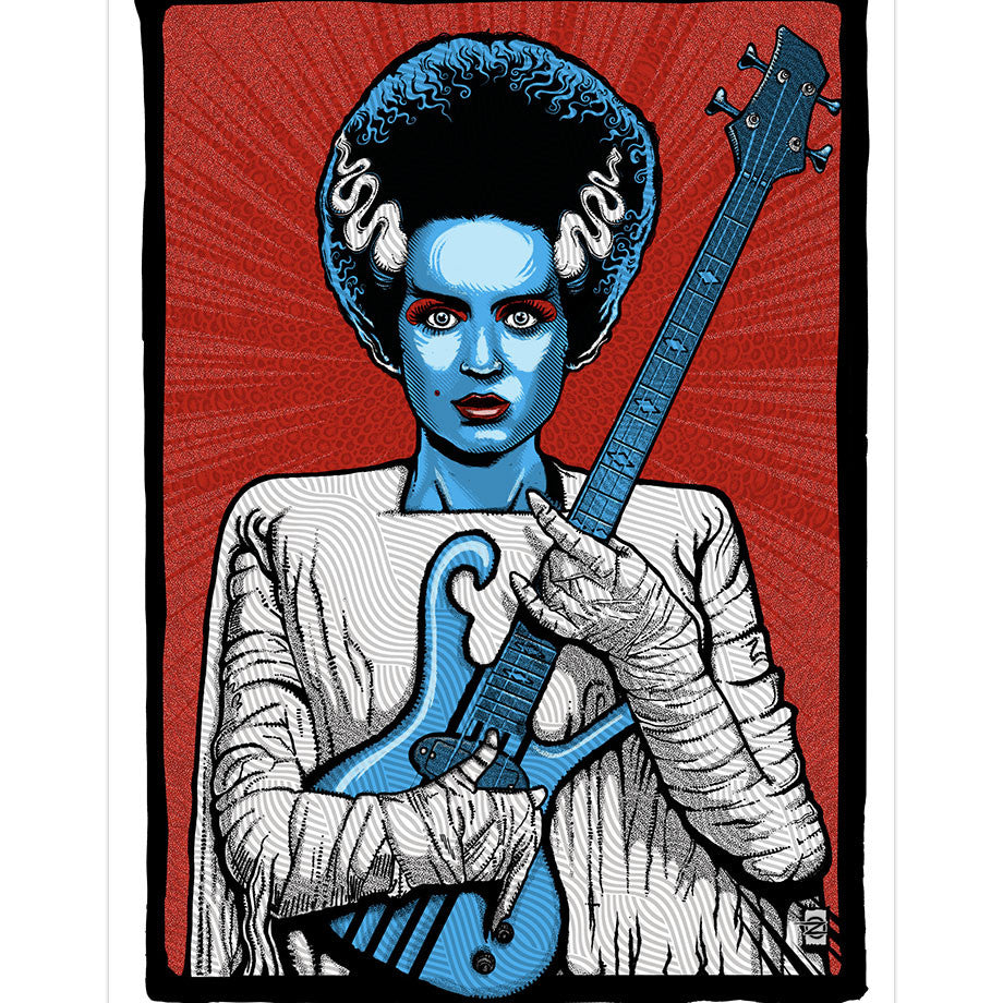 Illustrated portrait of a woman with blue skin and bandaged arms, holding a blue electric guitar. Her voluminous vintage-styled hair has white streaks. The vibrant red background features radiating lines, reminiscent of a Zoltron screen print.