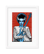 This Zoltron illustration showcases a blue-skinned person with a shocked expression, akin to Frankensteins bride, holding a blue electric guitar against a red background with radiating lines, all within custom framing that enhances its screen print artistry.