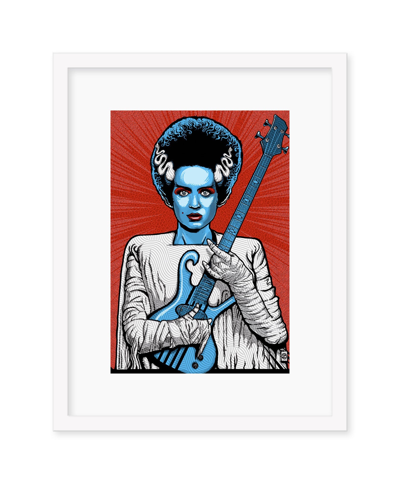 This Zoltron illustration showcases a blue-skinned person with a shocked expression, akin to Frankensteins bride, holding a blue electric guitar against a red background with radiating lines, all within custom framing that enhances its screen print artistry.